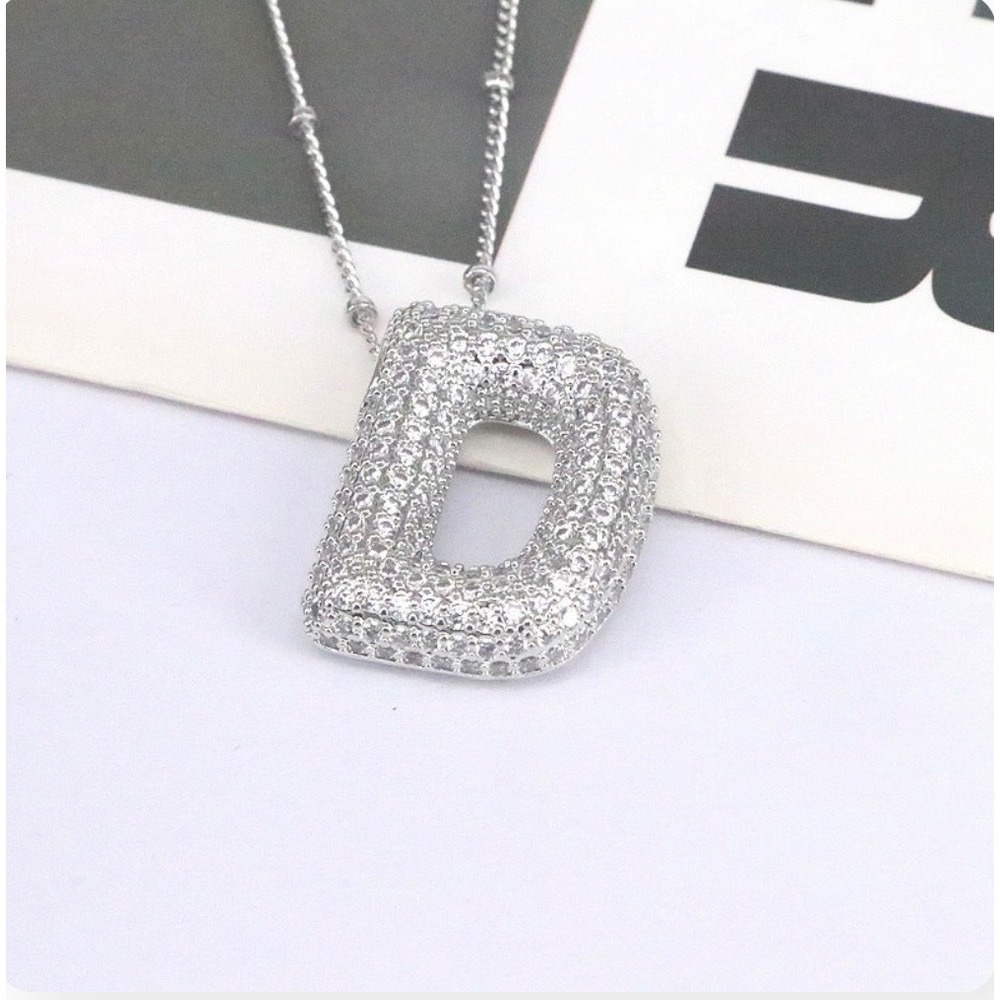 Sparkling D Letter Pendant Necklace Cubic Zirconia Silver Tone Initial‎ New